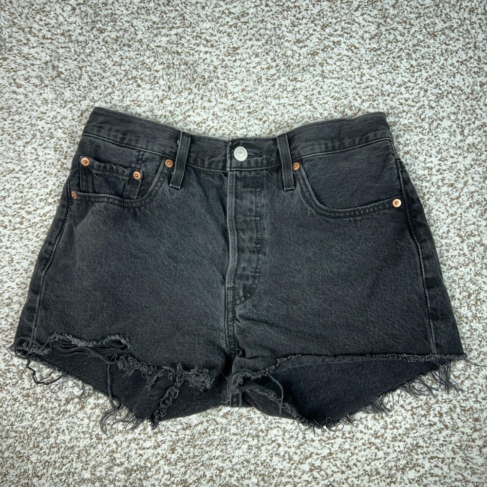 Levis 501 Shorts Womens 28 Black Denim High Rise Button Fly Cutoff Frayed Hem‎
